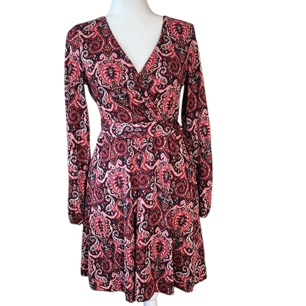 Mauve by Anthropologie Paisley Belted Wrap V-neck MIDI Dress Size Medium